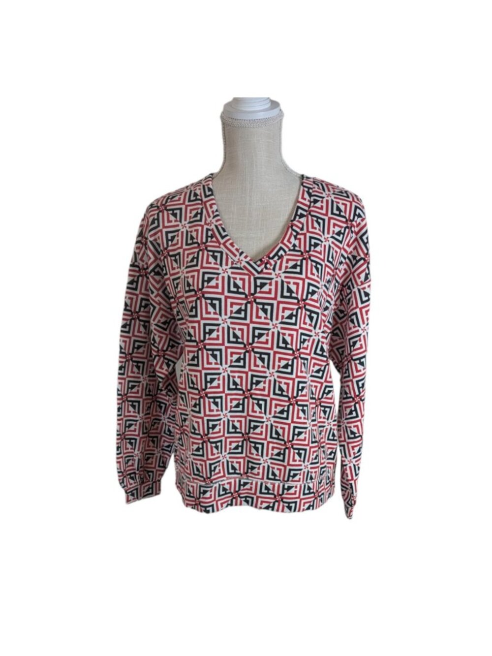 Liz Claiborne Women Red Black Geometric V-Neck Sweatshirt Top Size Small